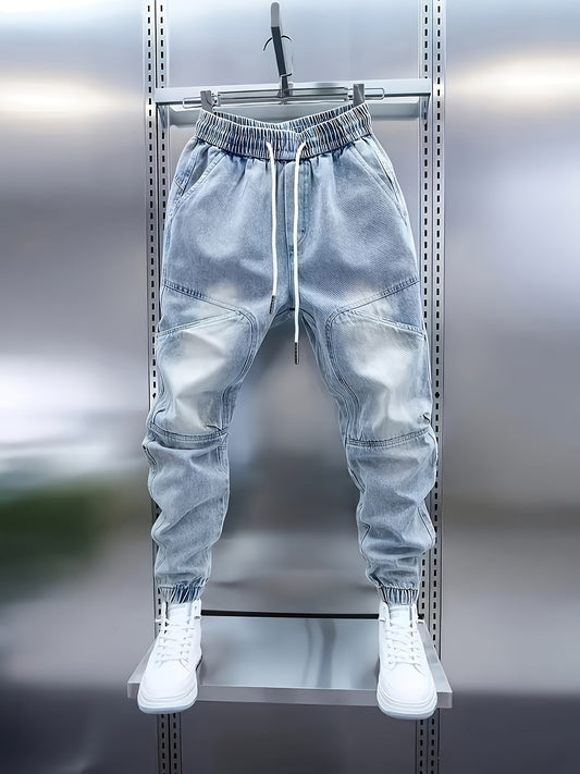 Women's light-wash denim cargo joggers with drawstring waist – main product image