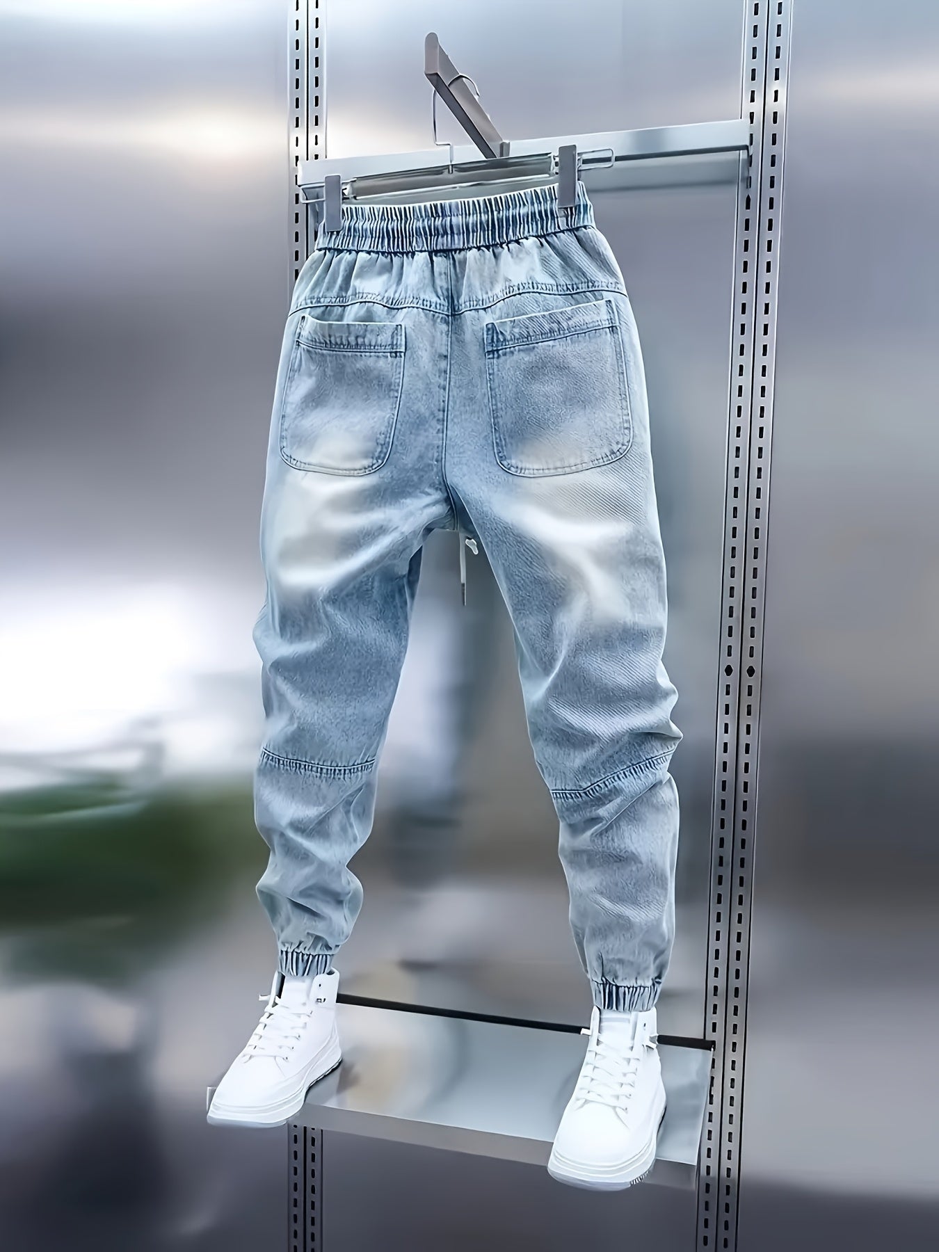 Women's light-wash denim cargo joggers with drawstring waist – view 2