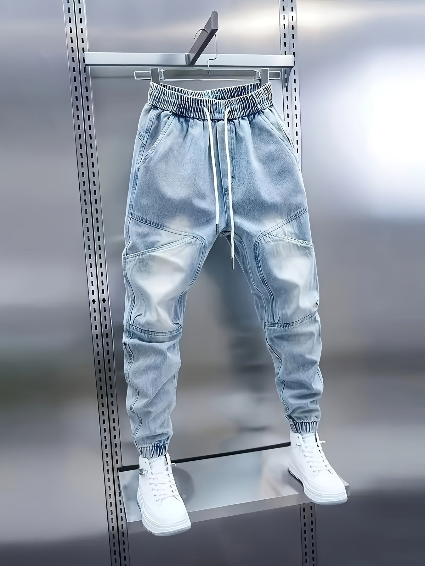 Women's light-wash denim cargo joggers with drawstring waist – view 3