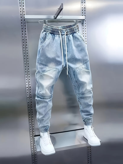 Women's light-wash denim cargo joggers with drawstring waist – view 3