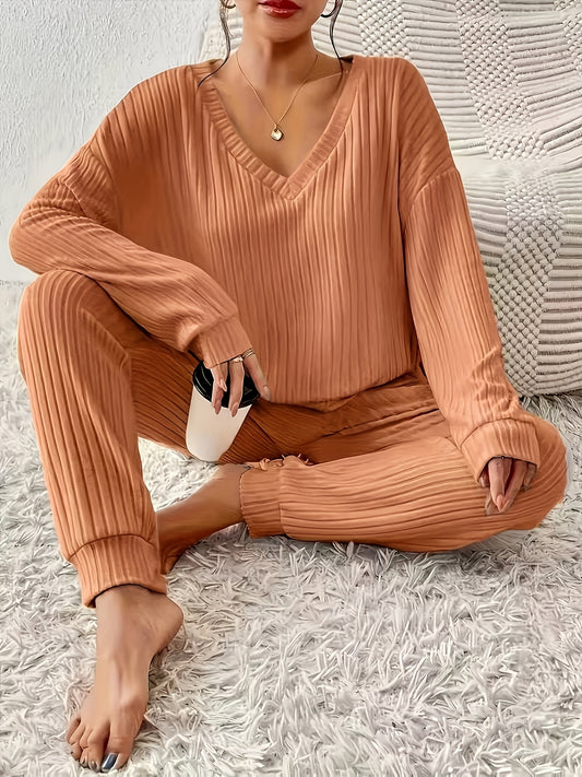 Women's ribbed V-neck top and jogger pants lounge set – main product image