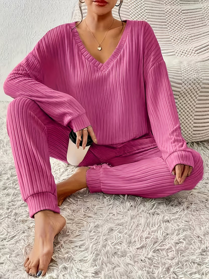 Women's ribbed V-neck top and jogger pants lounge set – view 3