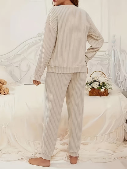 Women's ribbed V-neck top and jogger pants lounge set – view 8