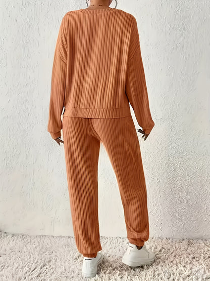 Women's ribbed V-neck top and jogger pants lounge set – view 10
