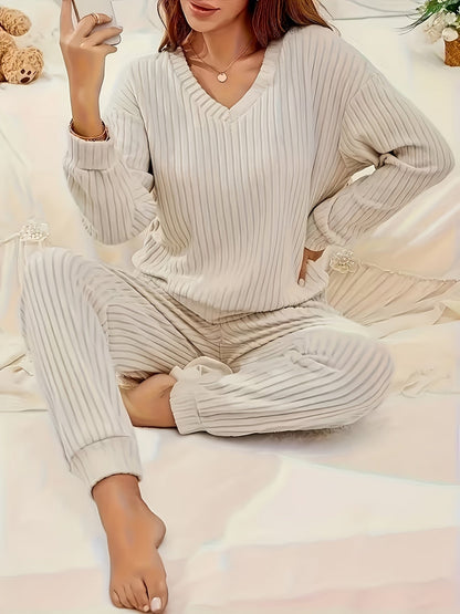 Women's ribbed V-neck top and jogger pants lounge set – view 24
